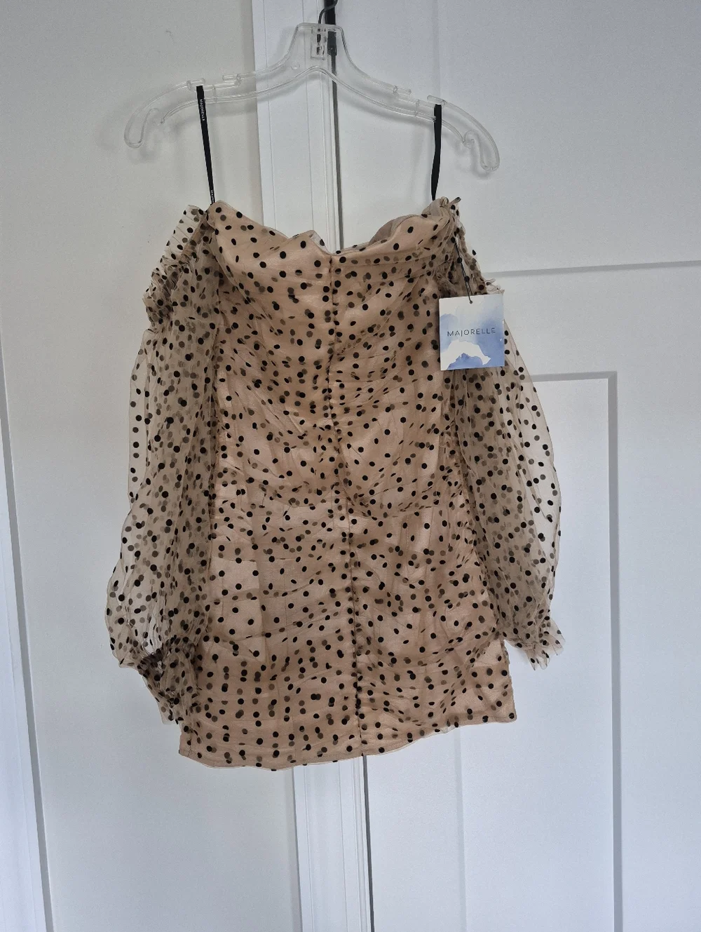 Majorelle Secrets Party Dress Black Polka Dot Nude Tulle Ruched Mini Size M NEW